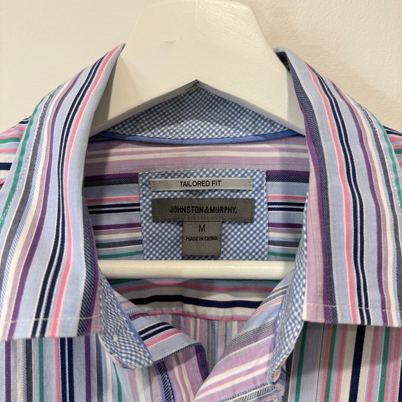 Johnston & Murphy Tailored Fit Multicolor Striped Button-Down 100% Cotton Shirt - Picture 15 of 17